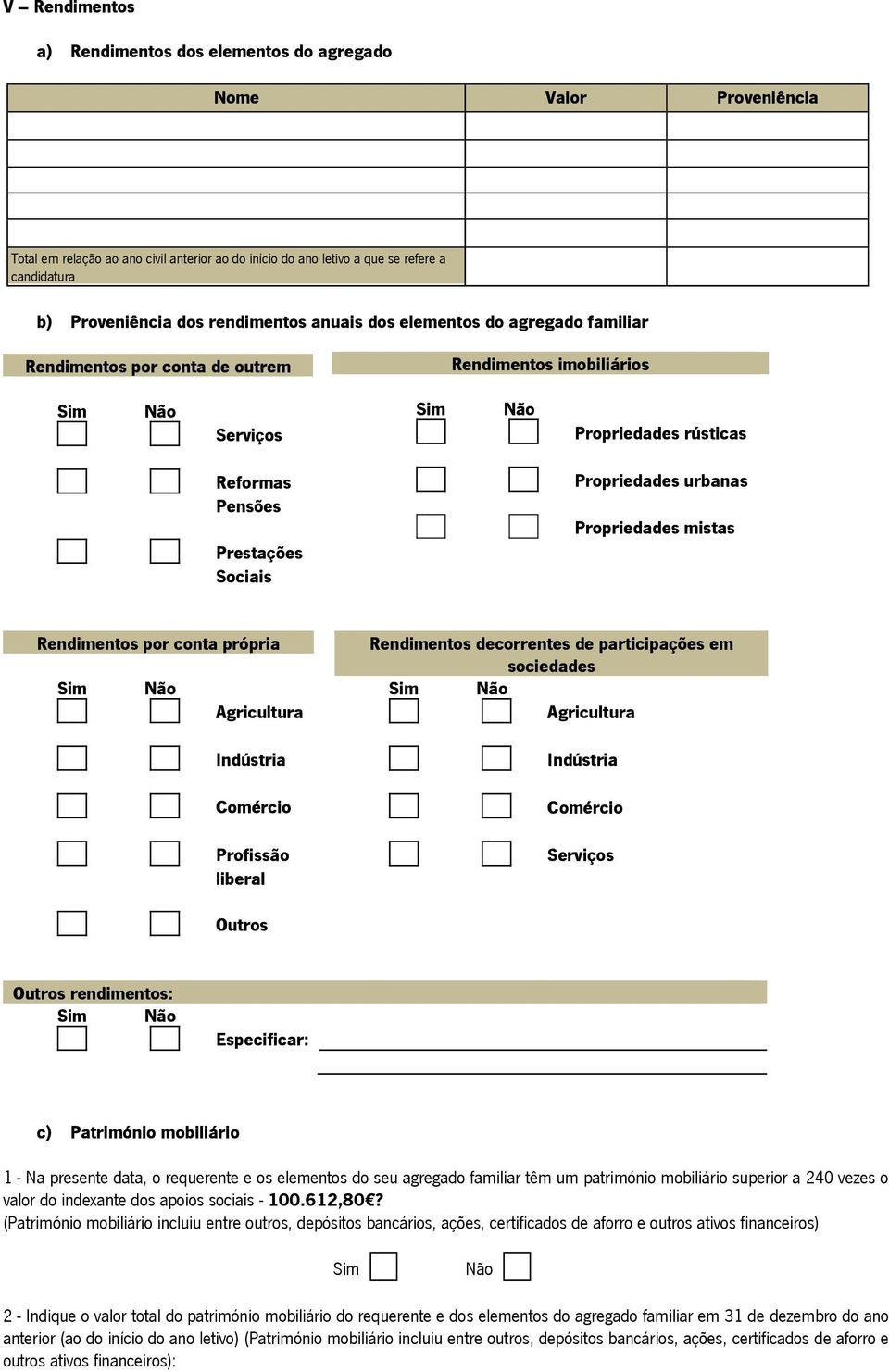 Propriedades mistas Rendimentos por conta própria Agricultura Indústria Comércio Profissão liberal Rendimentos decorrentes de participações em sociedades Agricultura Indústria Comércio Serviços