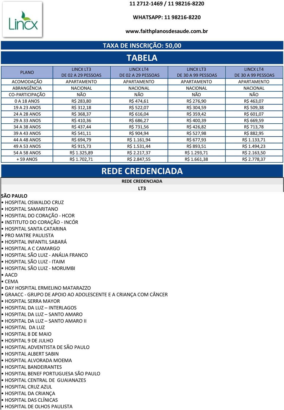 NACIONAL NACIONAL CO-PARTICIPAÇÃO NÃO NÃO NÃO NÃO A 18 ANOS R$ 283,8 R$ 474,61 R$ 276,9 R$ 463,7 19 A 23 ANOS R$ 312,18 R$ 522,7 R$ 34,59 R$ 59,38 A 28 ANOS R$ 368,37 R$ 616,4 R$ 359,42 R$ 61,7 29 A