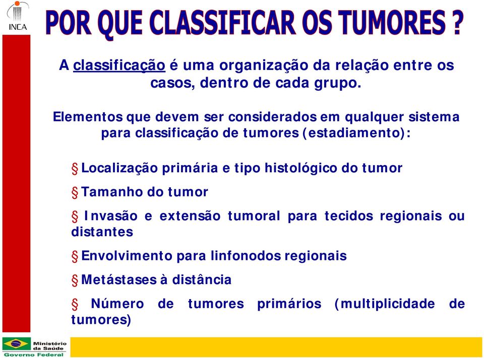 Localização primária e tipo histológico do tumor Tamanho do tumor Invasão e extensão tumoral para tecidos