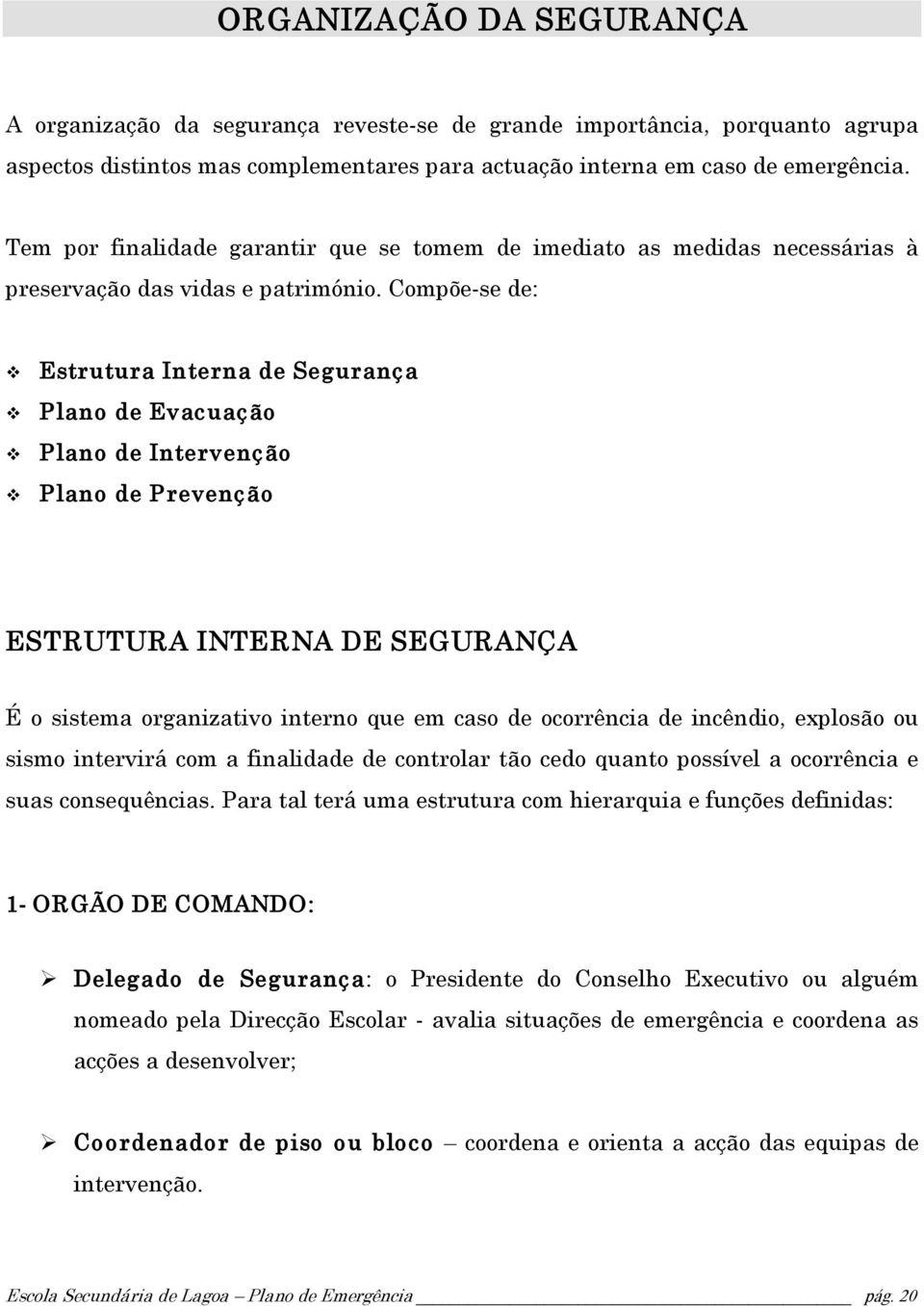 Compõe se de: Estrutura Interna de Segurança Plano de Evacuação Plano de Intervenção Plano de Prevenção ESTRUTURA INTERNA DE SEGURANÇA É o sistema organizativo interno que em caso de ocorrência de