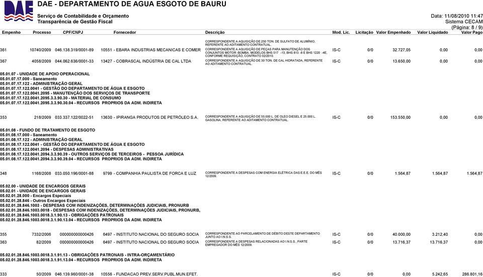 REQUISIÇÃO, CONTRATO 02/2010. IS-C 0/0 32.727,05 0,00 0,00 367 4058/2009 044.062.636/0001-33 13427 - COBRASCAL INDÚSTRIA DE CAL LTDA CORRESPONDENTE A AQUISIÇÃO DE 30 TON.