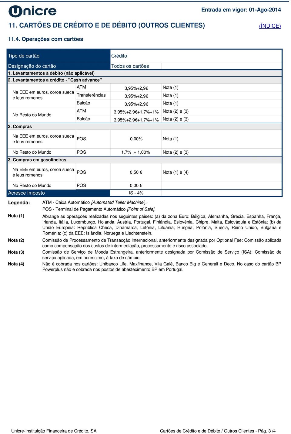 Compras ATM Transferências Balcão ATM Todos os cartões 3,95%+2,9 3,95%+2,9 3,95%+2,9 3,95%+2,9 +1,7%+1% Balcão 3,95%+2,9 +1,7%+1% e (3) e (3) Na EEE em euros, coroa sueca e leus romenos POS 0,00% No