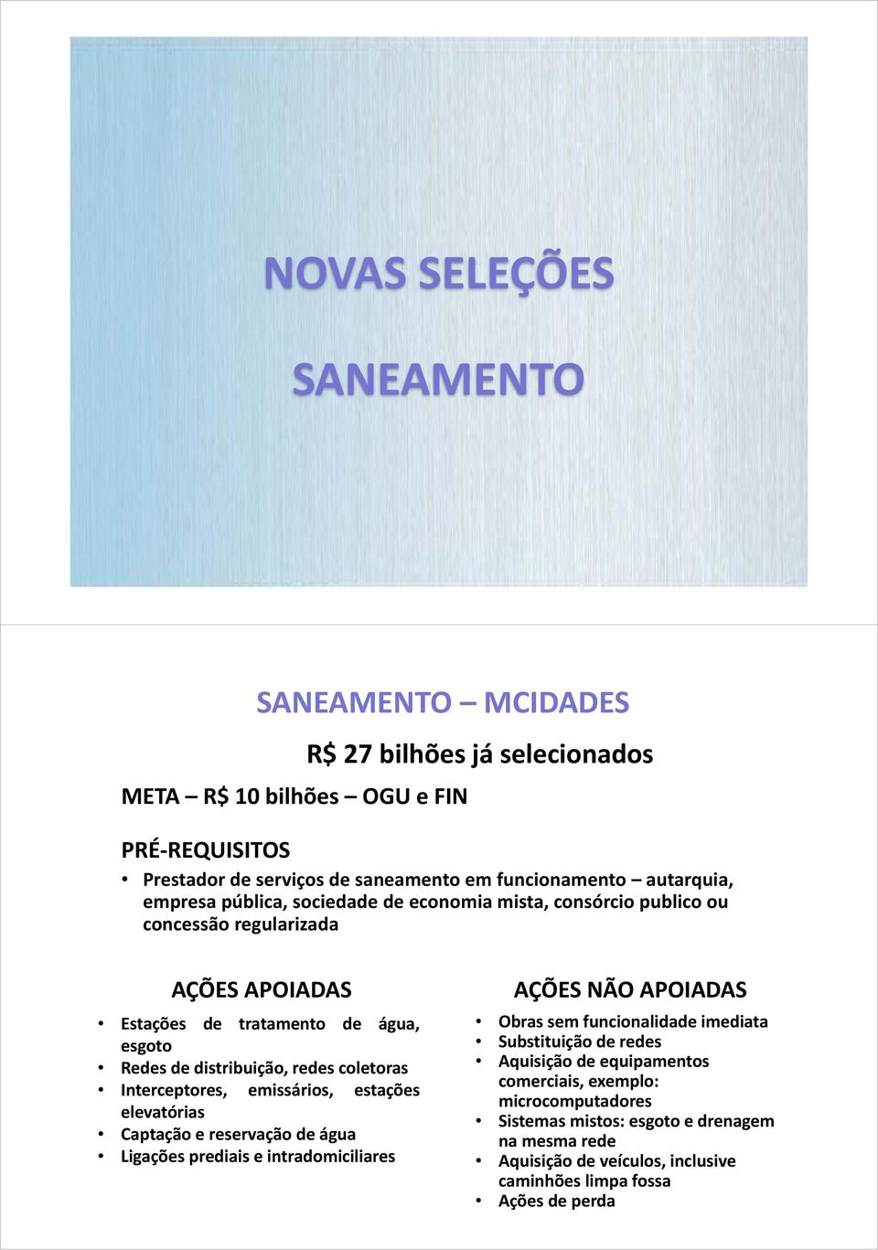 Interceptores, emissários, estações elevatórias Captação e reservação de água Ligações prediais e intradomiciliares AÇÕES NÃO APOIADAS Obras sem funcionalidade imediata Substituição de