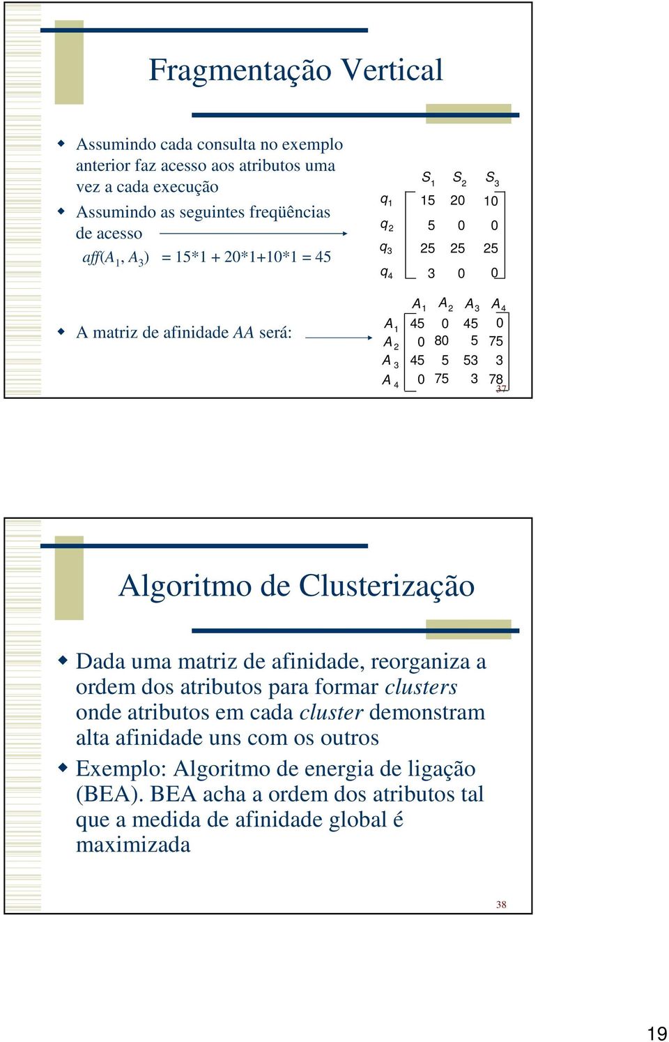 75 3 78 37 lgoritmo de Clusterização Dada uma matriz de afinidade, reorganiza a ordem dos atributos para formar clusters onde atributos em cada cluster demonstram