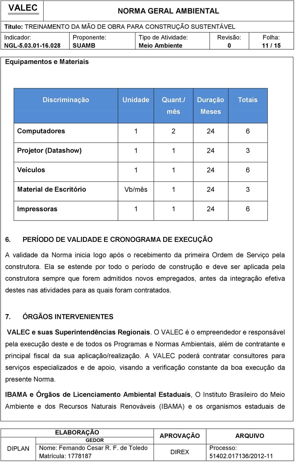 PERÍODO DE VALIDADE E CRONOGRAMA DE EXECUÇÃO A validade da Nrma inicia lg após recebiment da primeira Ordem de Serviç pela cnstrutra.