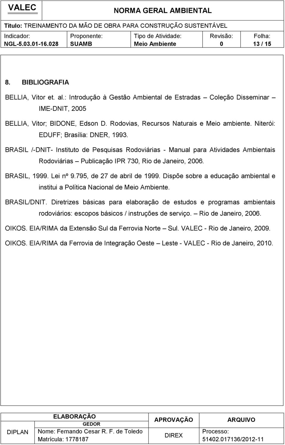 BRASIL /-DNIT- Institut de Pesquisas Rdviárias - Manual para Atividades Ambientais Rdviárias Publicaçã IPR 73, Ri de Janeir, 26. BRASIL, 1999. Lei nº 9.795, de 27 de abril de 1999.