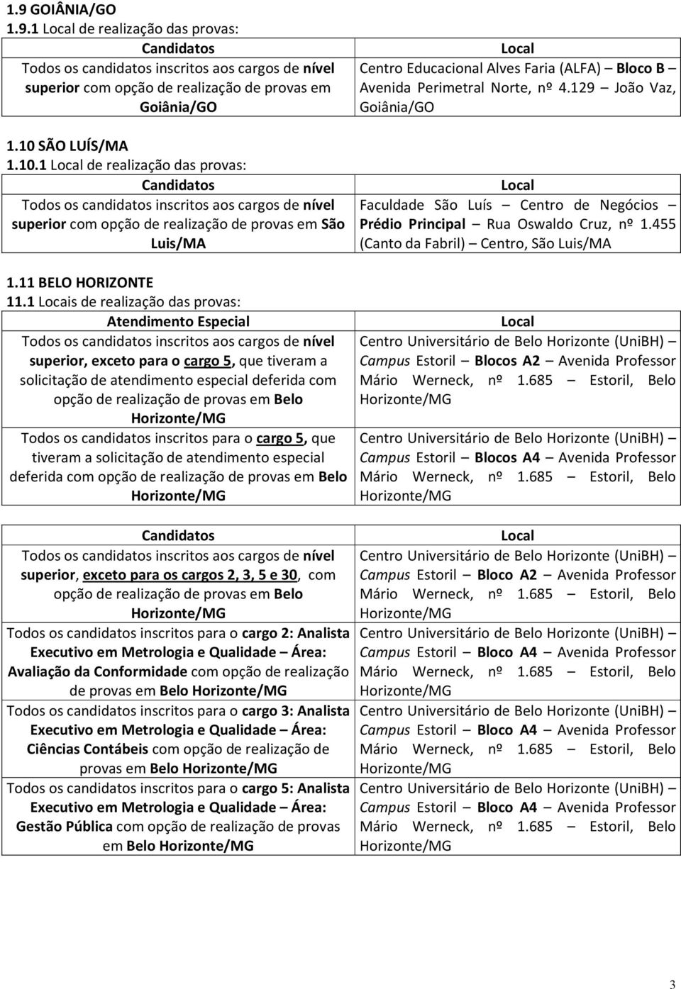 candidatos inscritos para o cargo 5, que tiveram a solicitação de atendimento especial deferida com opção de realização de provas em Belo Centro Educacional Alves Faria (ALFA) Bloco B Avenida