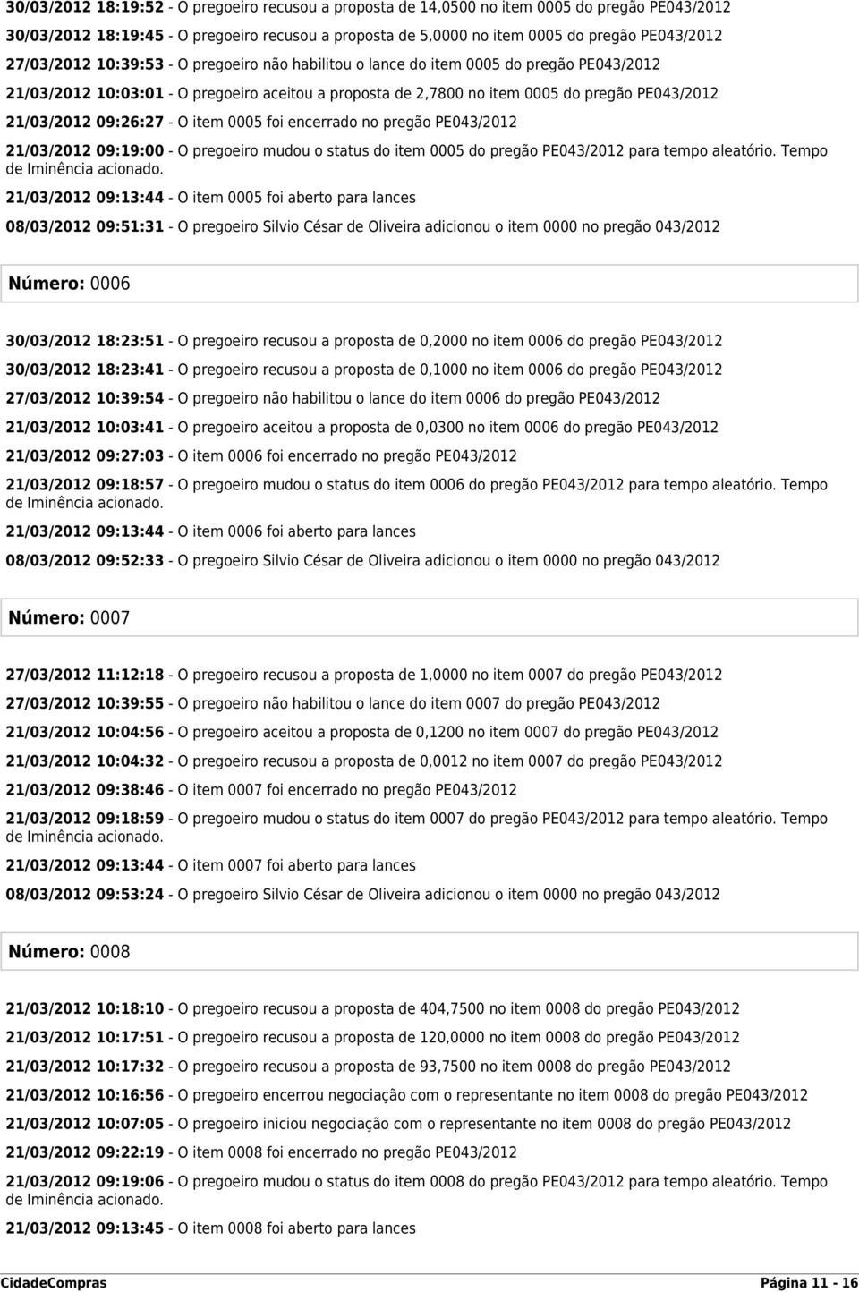 09:26:27 - O item 0005 foi encerrado no pregão PE043/2012 21/03/2012 09:19:00 - O pregoeiro mudou o status do item 0005 do pregão PE043/2012 para tempo aleatório. Tempo de Iminência acionado.