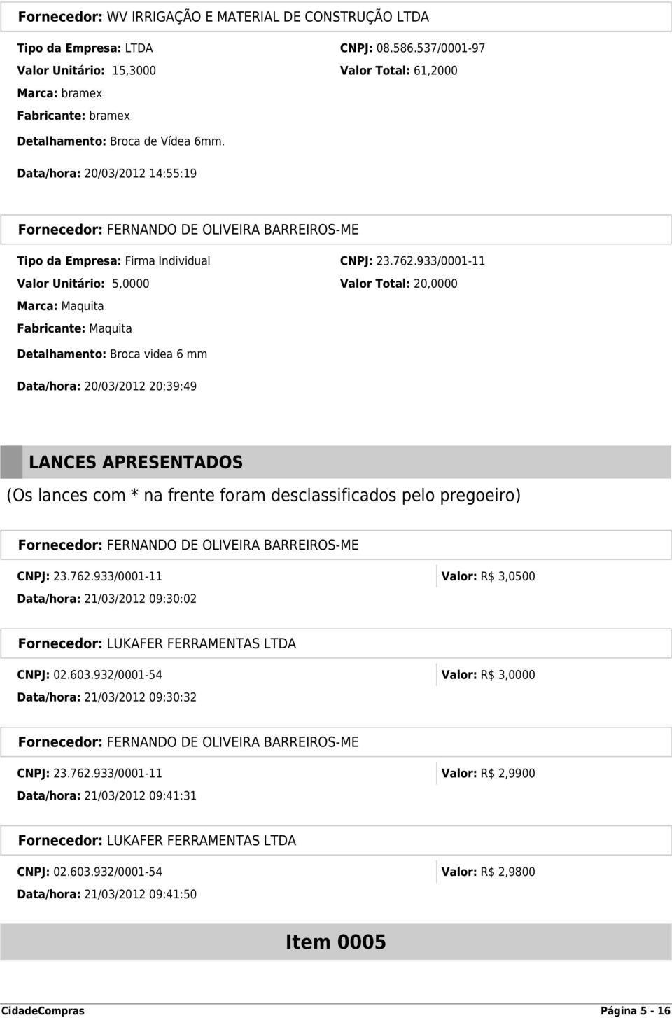 762.933/0001-11 Valor Unitário: 5,0000 Valor Total: 20,0000 Marca: Maquita Fabricante: Maquita Detalhamento: Broca videa 6 mm Data/hora: 20/03/2012 20:39:49 LANCES APRESENTADOS (Os lances com * na