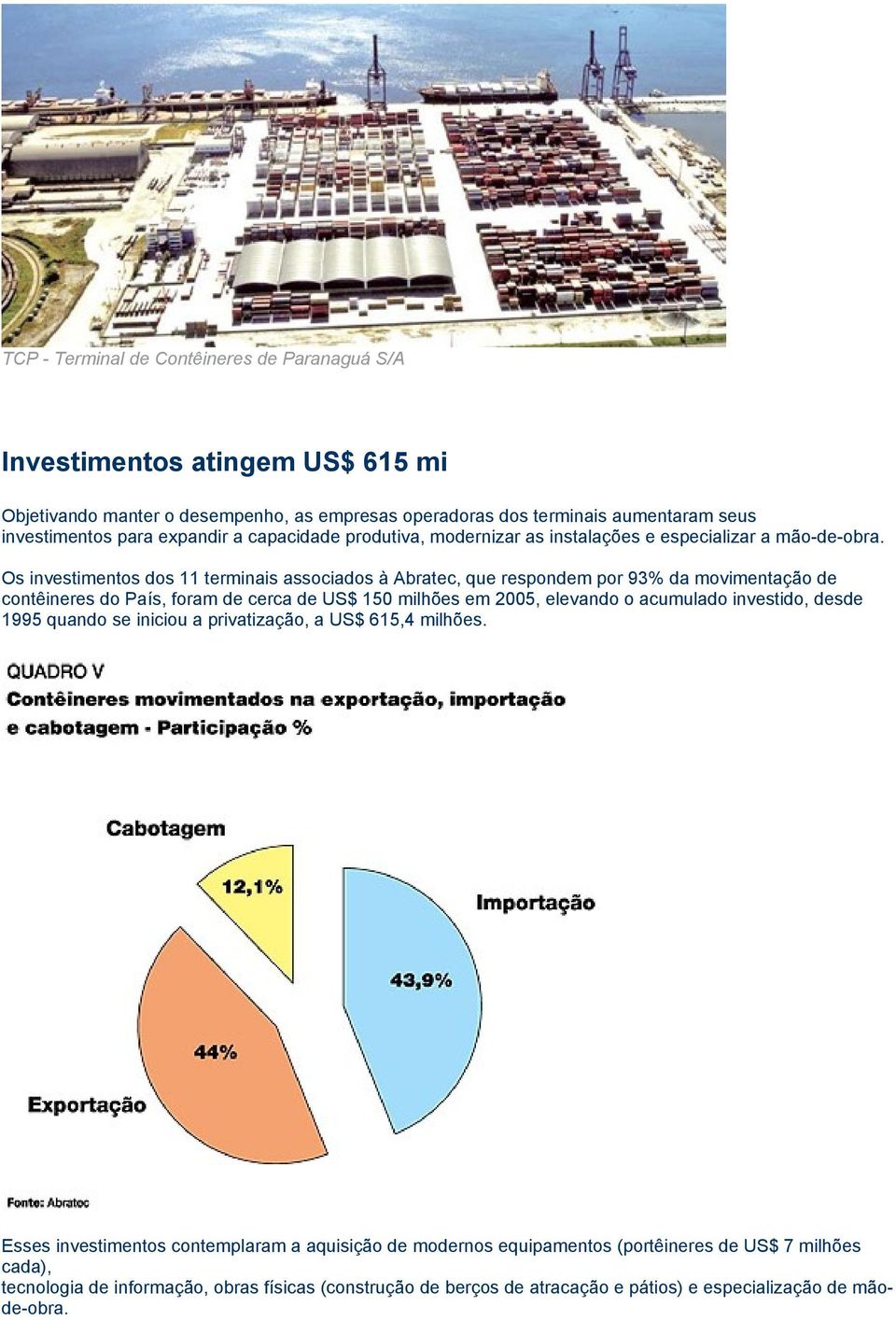 Os investimentos dos 11 terminais associados à Abratec, que respondem por 93% da movimentação de contêineres do País, foram de cerca de US$ 150 milhões em 2005, elevando o acumulado
