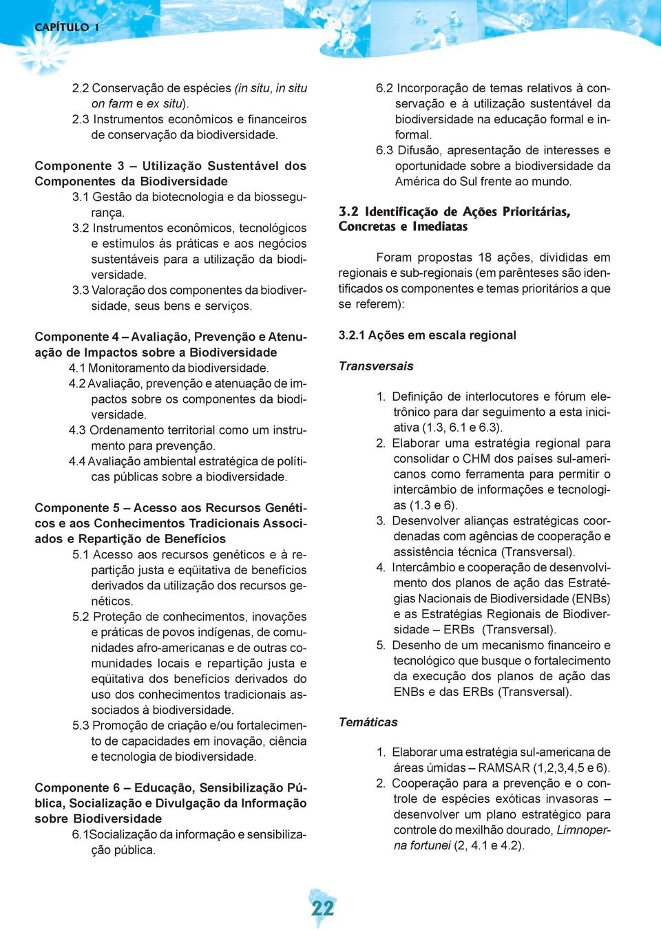 3.3 Valoração dos componentes da biodiversidade, seus bens e serviços. Componente 4 Avaliação, Prevenção e Atenuação de Impactos sobre a Biodiversidade 4.1 Monitoramento da biodiversidade. 4.2 Avaliação, prevenção e atenuação de impactos sobre os componentes da biodiversidade.