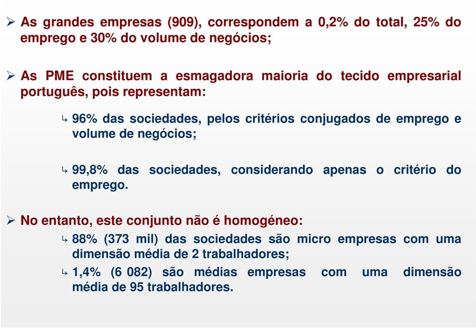 negócios; 99,8% das sociedades, considerando apenas o critério do emprego.