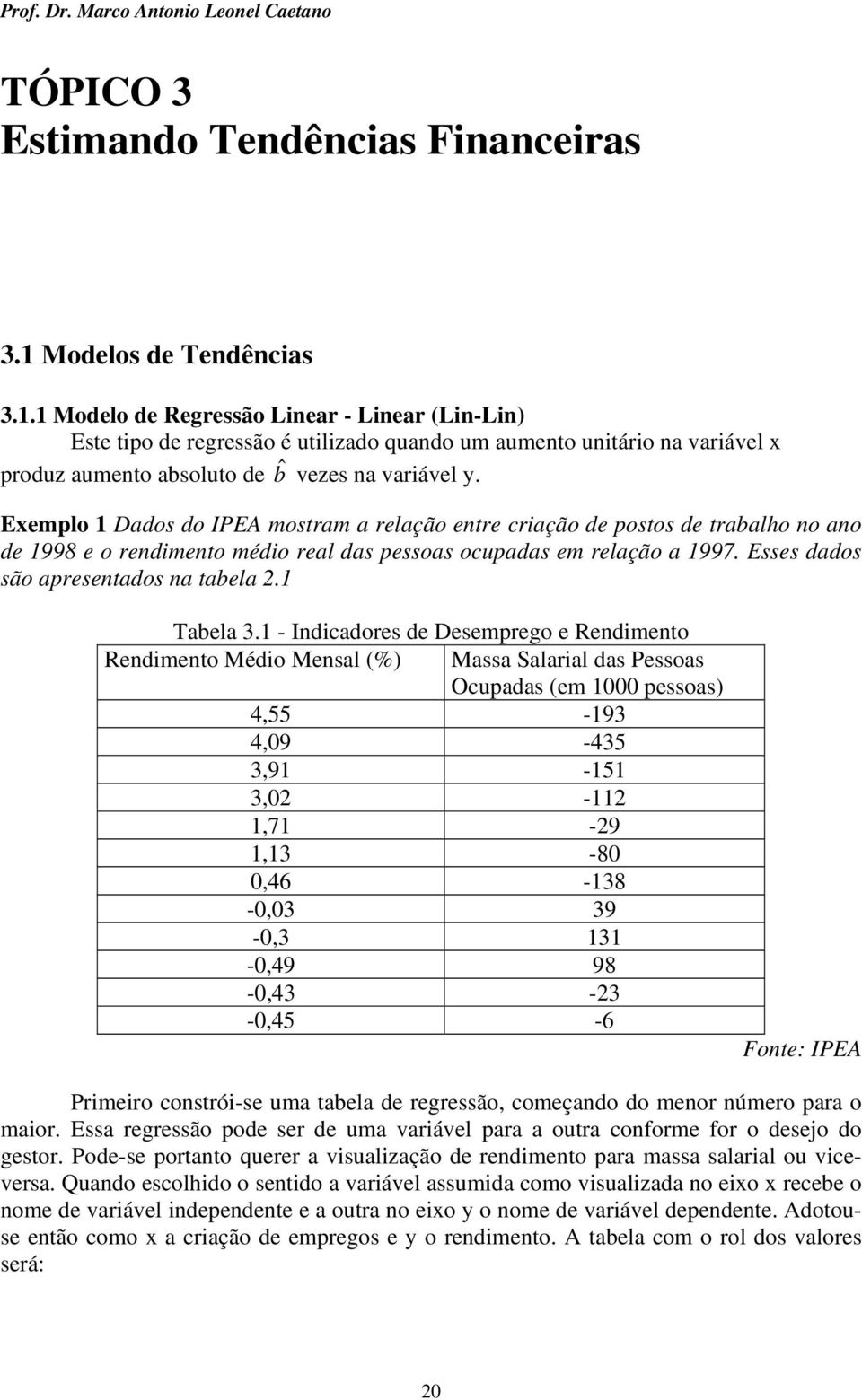 Exemplo Dados do IPEA mostram a relação etre cração de postos de trabalho o ao de 998 e o redmeto médo real das pessoas ocupadas em relação a 997. Esses dados são apresetados a tabela. Tabela 3.