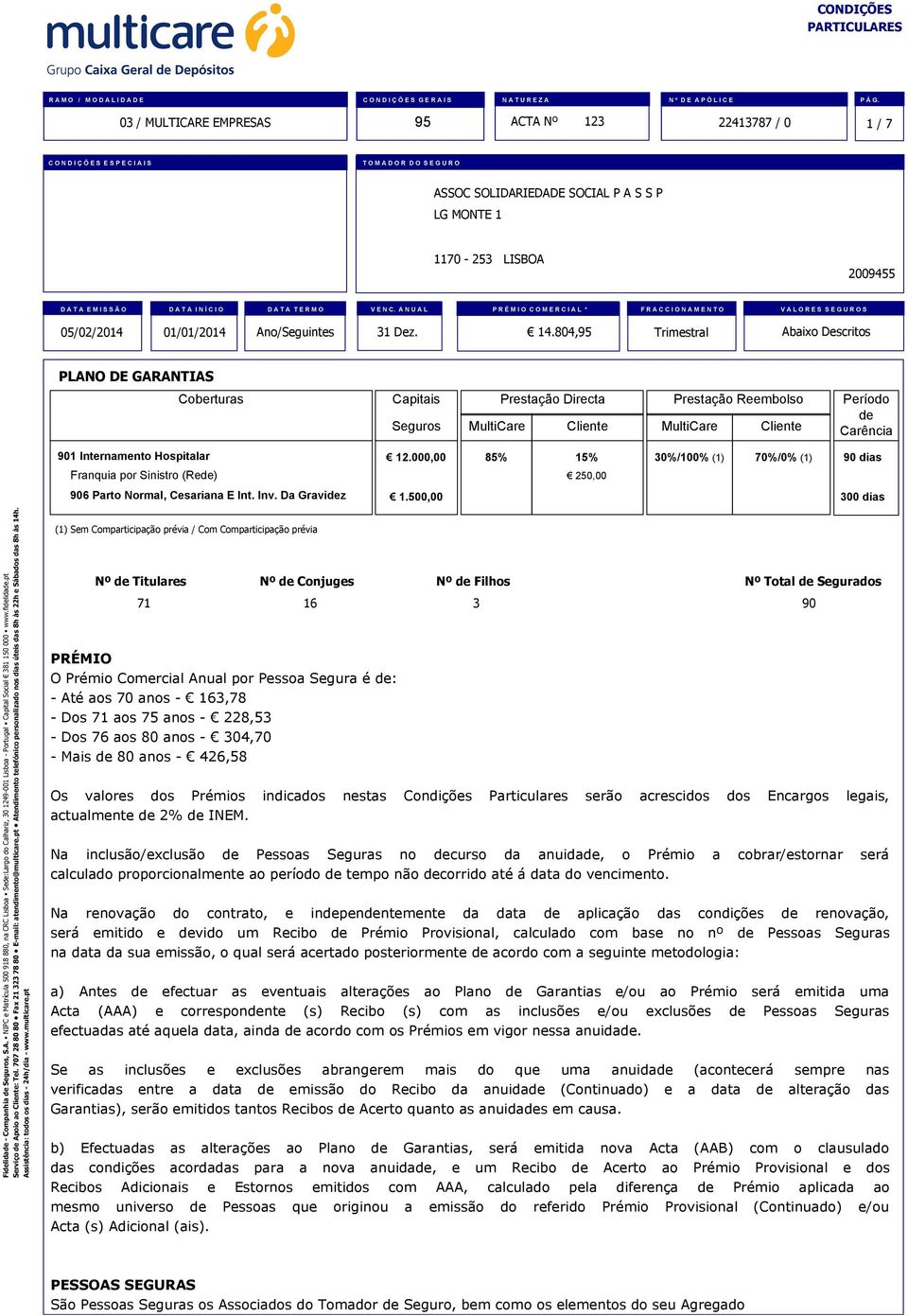 804,95 Trimestral Abaixo Descritos PLANO DE GARANTIAS Coberturas Capitais Seguros MultiCare Prestação Directa Cliente Prestação Reembolso MultiCare Cliente Período de Carência 901 Internamento