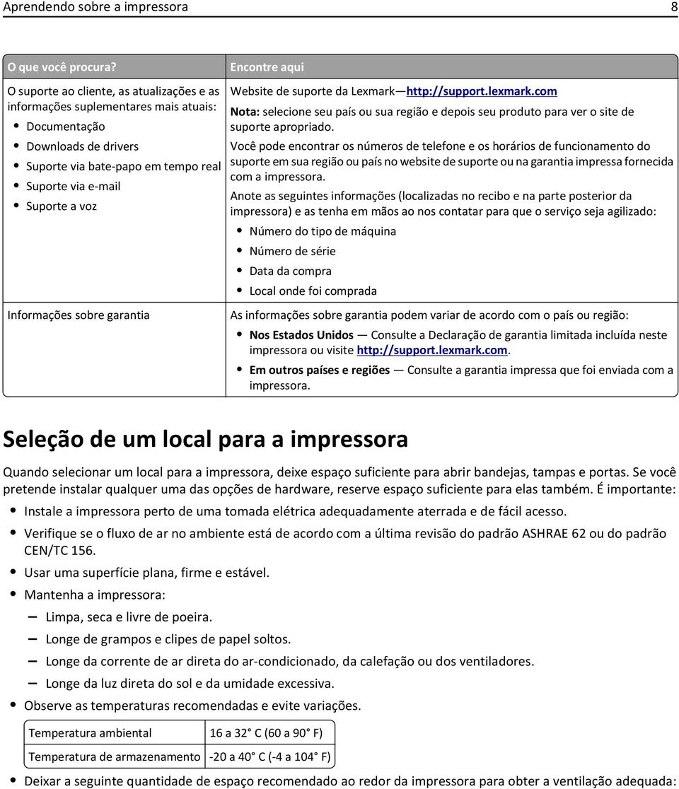 Website de suporte da Lexmark http://support.lexmark.com Nota: selecione seu país ou sua região e depois seu produto para ver o site de suporte apropriado.