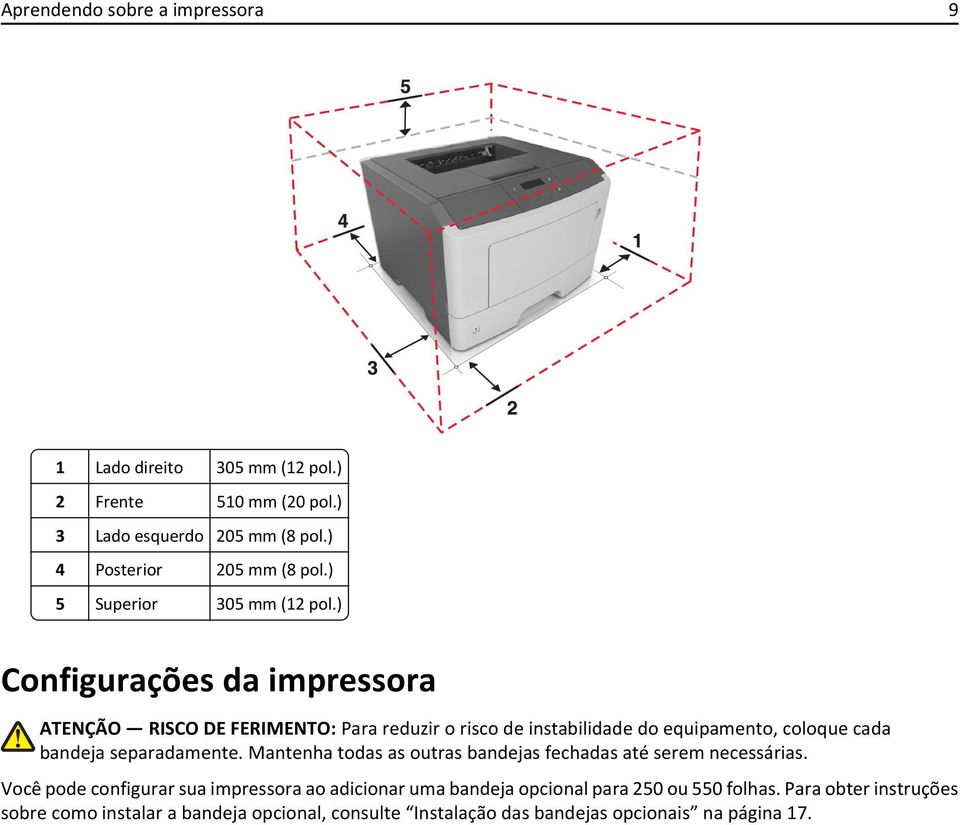 ) Configurações da impressora ATENÇÃO RISCO DE FERIMENTO: Para reduzir o risco de instabilidade do equipamento, coloque cada bandeja separadamente.