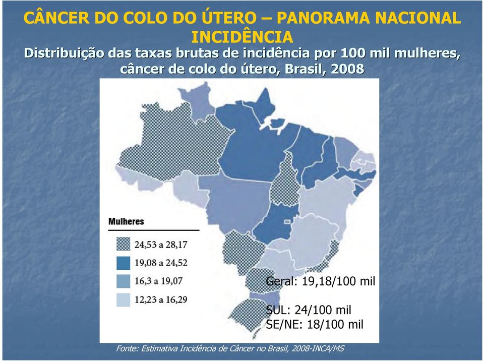 do útero, Brasil, 2008 Geral: 19,18/100 mil SUL: 24/100 mil SE/NE: