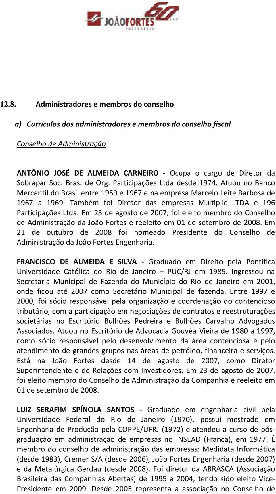 Soc. Bras. de Org. Participações Ltda desde 1974. Atuou no Banco Mercantil do Brasil entre 1959 e 1967 e na empresa Marcelo Leite Barbosa de 1967 a 1969.