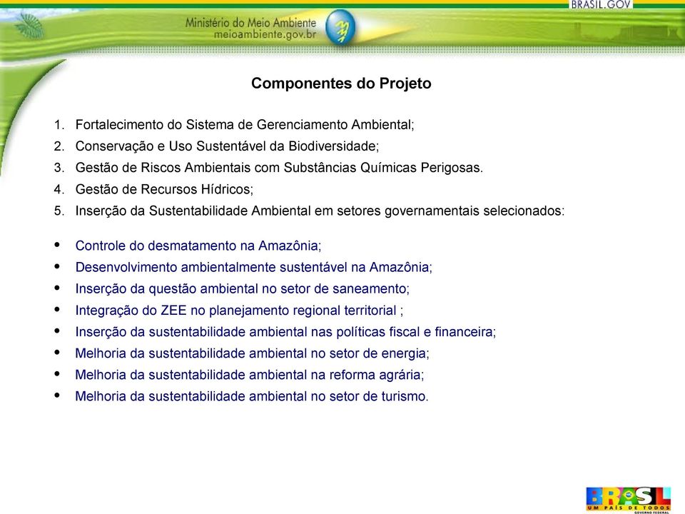 Inserção da Sustentabilidade Ambiental em setores governamentais selecionados: Controle do desmatamento na Amazônia; Desenvolvimento ambientalmente sustentável na Amazônia; Inserção da questão