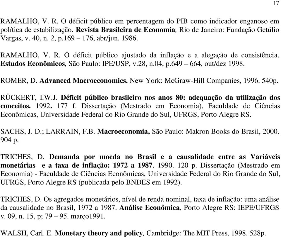 Advanced Macroeconomics. New York: McGraw-Hill Companies, 1996. 540p. RÜCKERT, I.W.J. Défici público brasileiro nos anos 80: adequação da uilização dos conceios. 1992. 177 f.