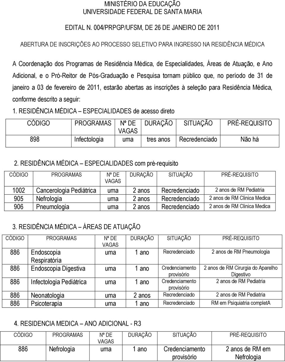 Atuação, e Ano Adicional, e o Pró-Reitor de Pós-Graduação e Pesquisa tornam público que, no período de 31 de janeiro a 03 de fevereiro de 2011, estarão abertas as inscrições à seleção para Residência