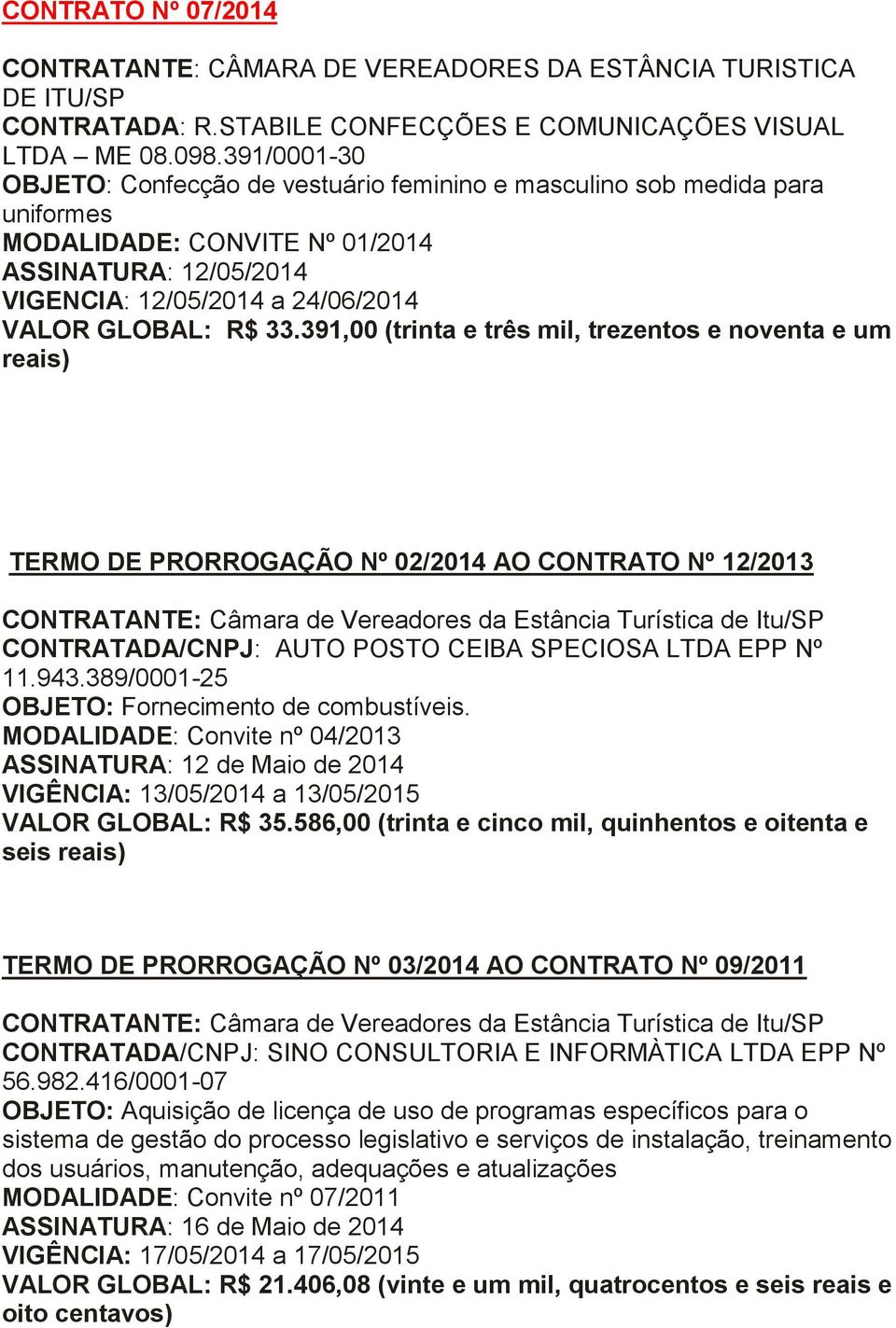 391,00 (trinta e três mil, trezentos e noventa e um reais) TERMO DE PRORROGAÇÃO Nº 02/2014 AO CONTRATO Nº 12/2013 CONTRATANTE: Câmara de Vereadores da Estância Turística de Itu/SP CONTRATADA/CNPJ: