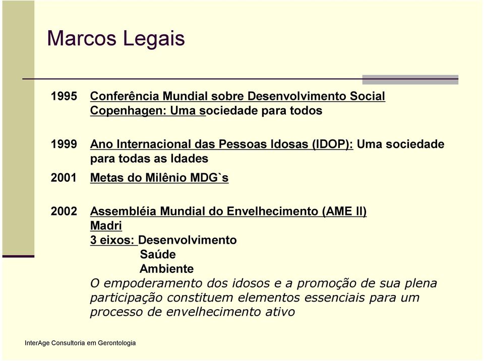 Assembléia Mundial do Envelhecimento (AME II) Madri 3 eixos: Desenvolvimento Saúde Ambiente O empoderamento dos