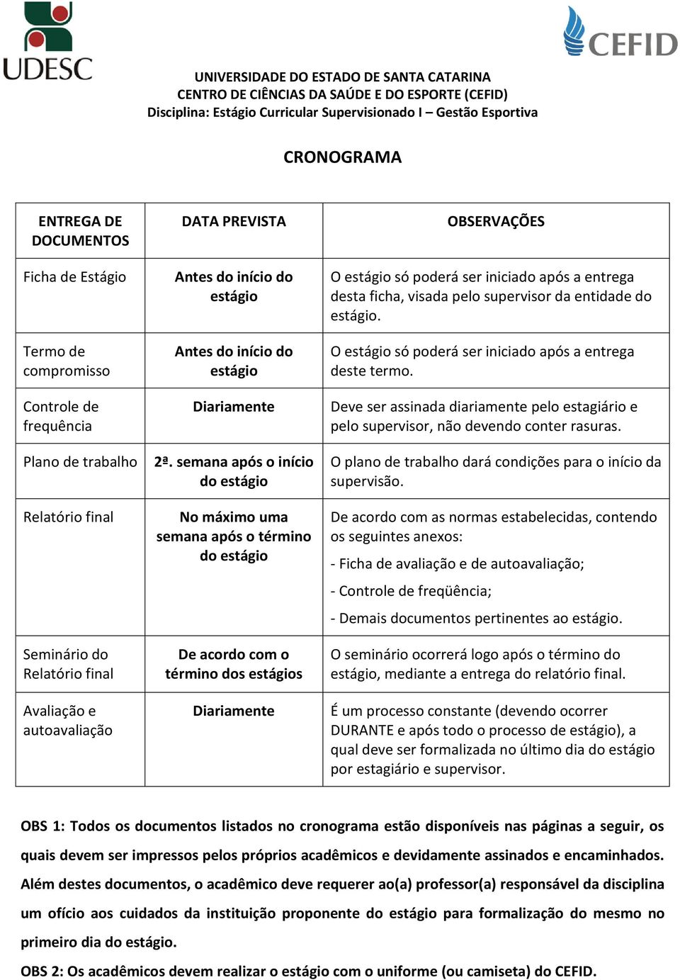 semana após o início do estágio No máximo uma semana após o término do estágio De acordo com o término dos estágios Diariamente OBSERVAÇÕES O estágio só poderá ser iniciado após a entrega desta