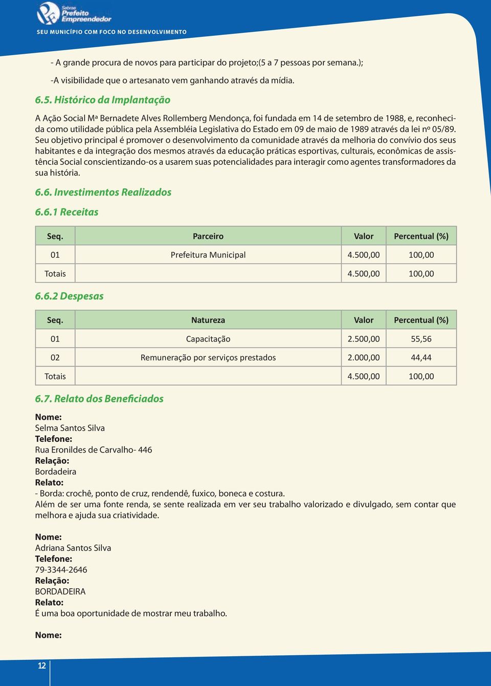 Histórico da Implantação A Ação Social mª Bernadete Alves Rollemberg mendonça, foi fundada em 14 de setembro de 1988, e, reconhecida como utilidade pública pela Assembléia legislativa do estado em 09