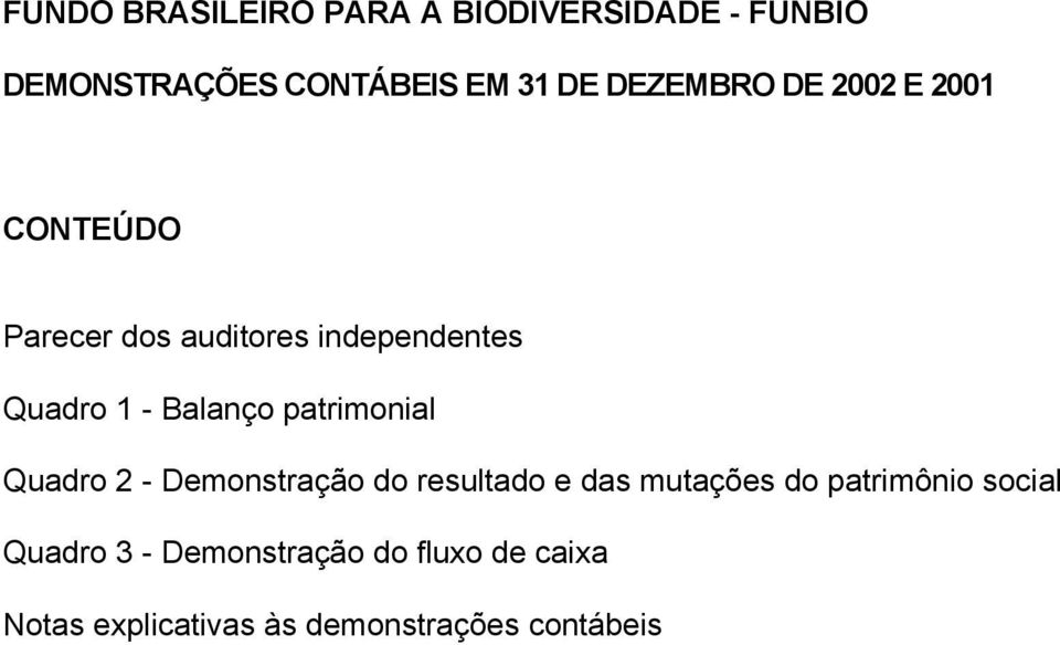 Balanço patrimonial Quadro 2 - Demonstração do resultado e das mutações do patrimônio