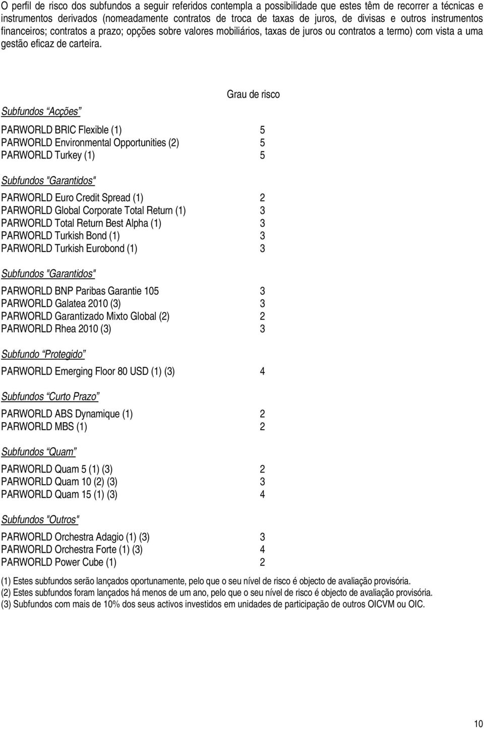 Subfundos Acções Grau de risco PARWORLD BRIC Flexible (1) 5 PARWORLD Environmental Opportunities (2) 5 PARWORLD Turkey (1) 5 Subfundos "Garantidos" PARWORLD Euro Credit Spread (1) 2 PARWORLD Global