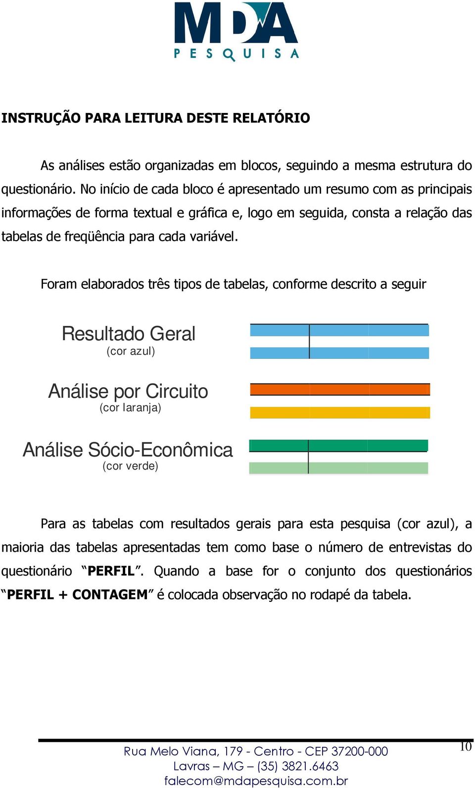 Foram elaborados três tipos de tabelas, conforme descrito a seguir Resultado Geral (cor azul) Análise por Circuito (cor laranja) Análise Sócio-Econômica (cor verde) Para as tabelas com