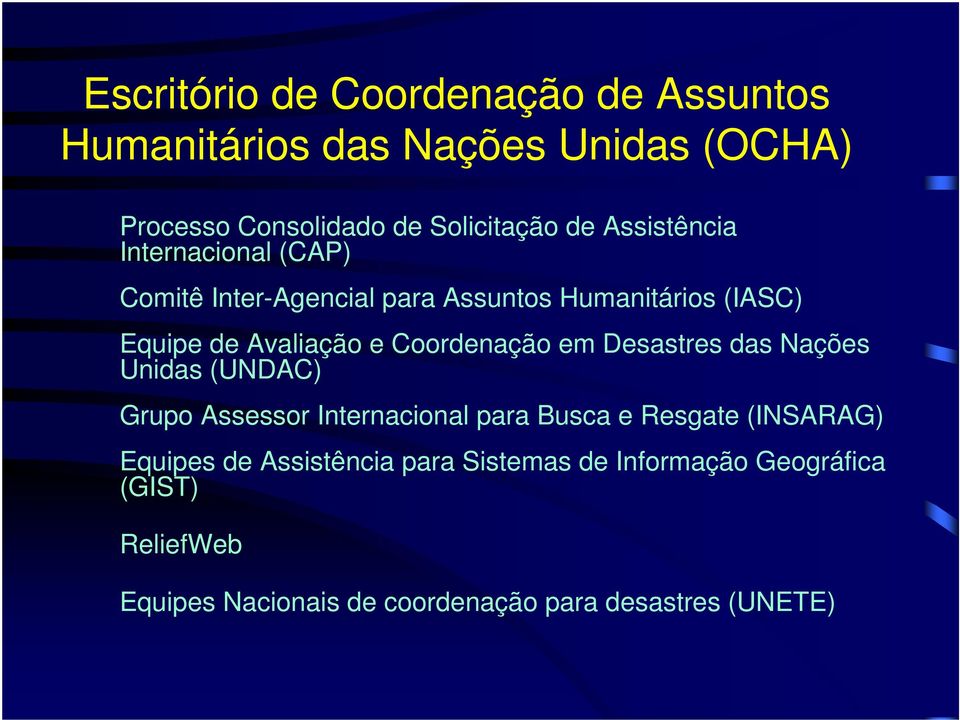 Coordenação em Desastres das Nações Unidas (UNDAC) Grupo Assessor Internacional para Busca e Resgate (INSARAG)