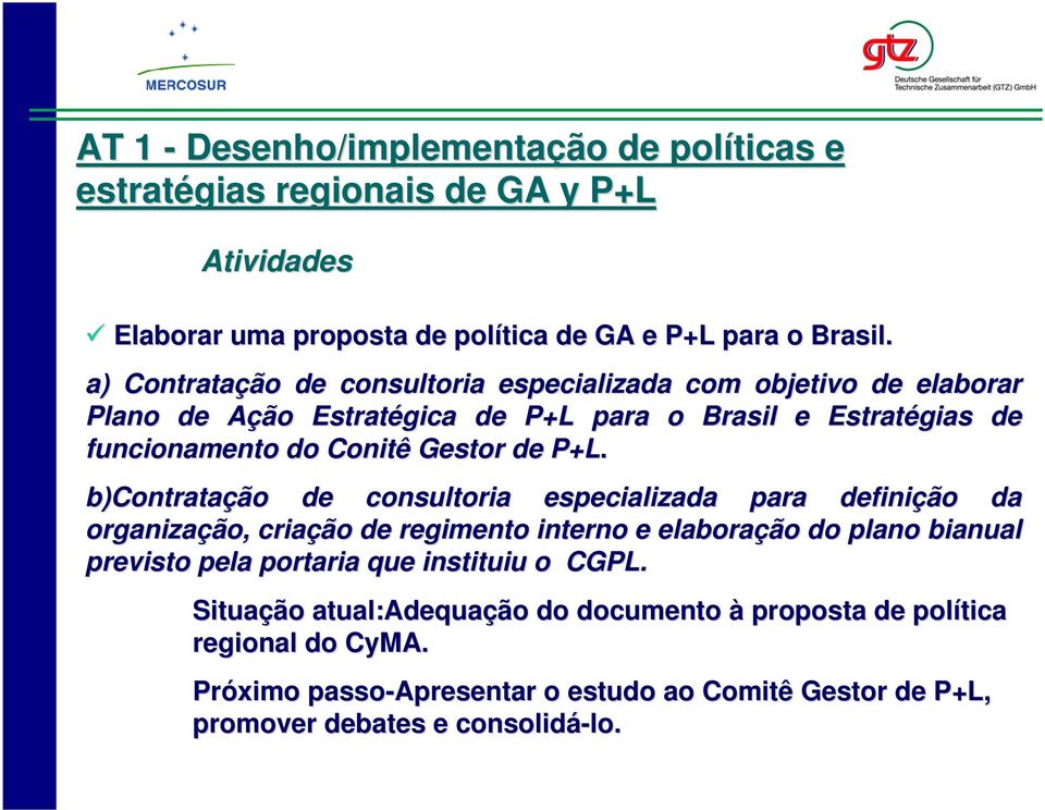 P+L. b)contrata Contratação de consultoria especializada para definição da organização, criação de regimento interno e elaboração do plano bianual previsto pela