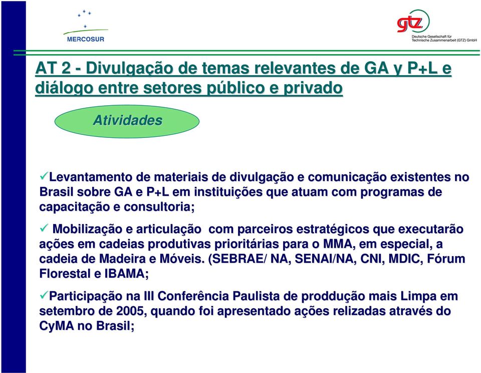 executarão ações em cadeias produtivas prioritárias rias para o MMA, em especial, a cadeia de Madeira e Móveis.