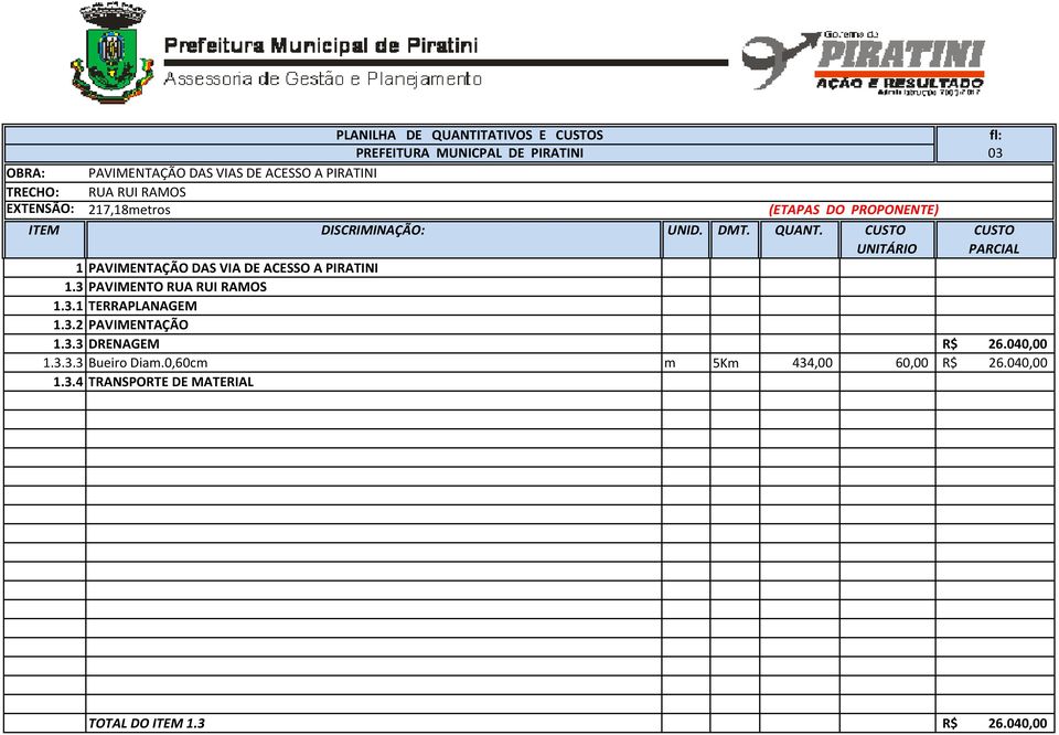 3.3 DRENAGEM R$ 26.040,00 1.3.3.3 Bueiro Diam.