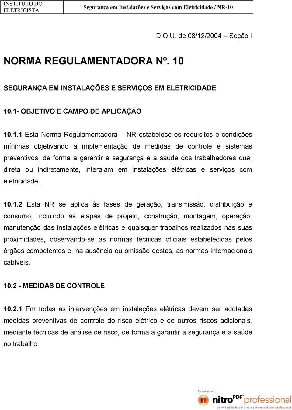 SEGURANÇA EM INSTALAÇÕES E SERVIÇOS EM ELETRICIDADE 10