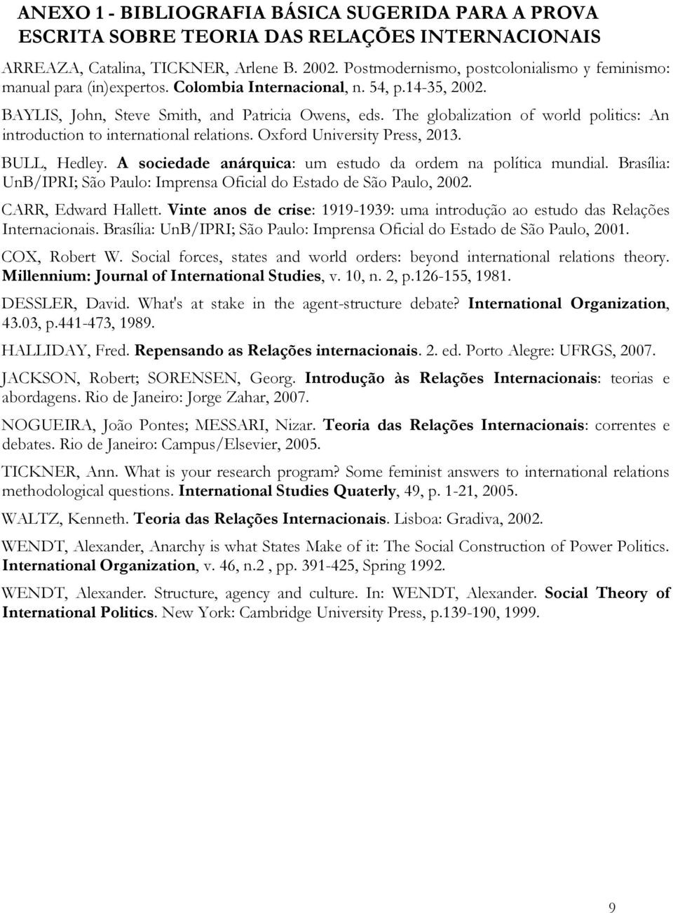 The globalization of world politics: An introduction to international relations. Oxford University Press, 2013. BULL, Hedley. A sociedade anárquica: um estudo da ordem na política mundial.