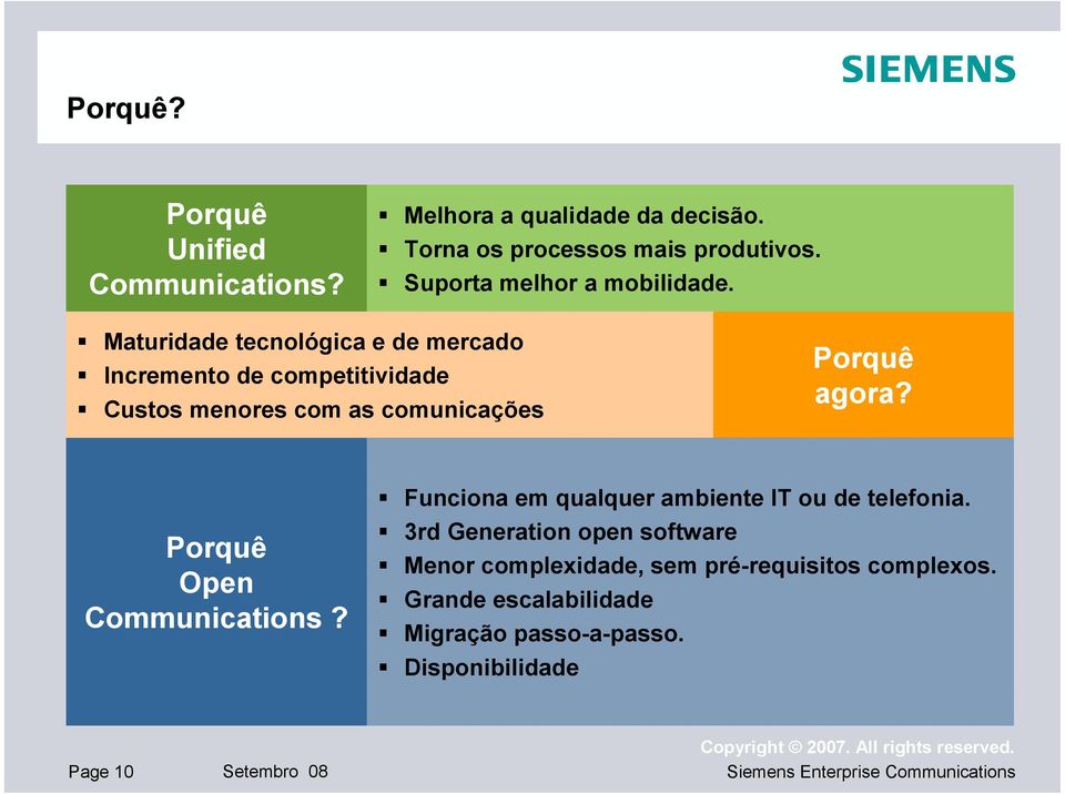 Maturidade tecnológica e de mercado Incremento de competitividade Custos menores com as comunicações Porquê agora?