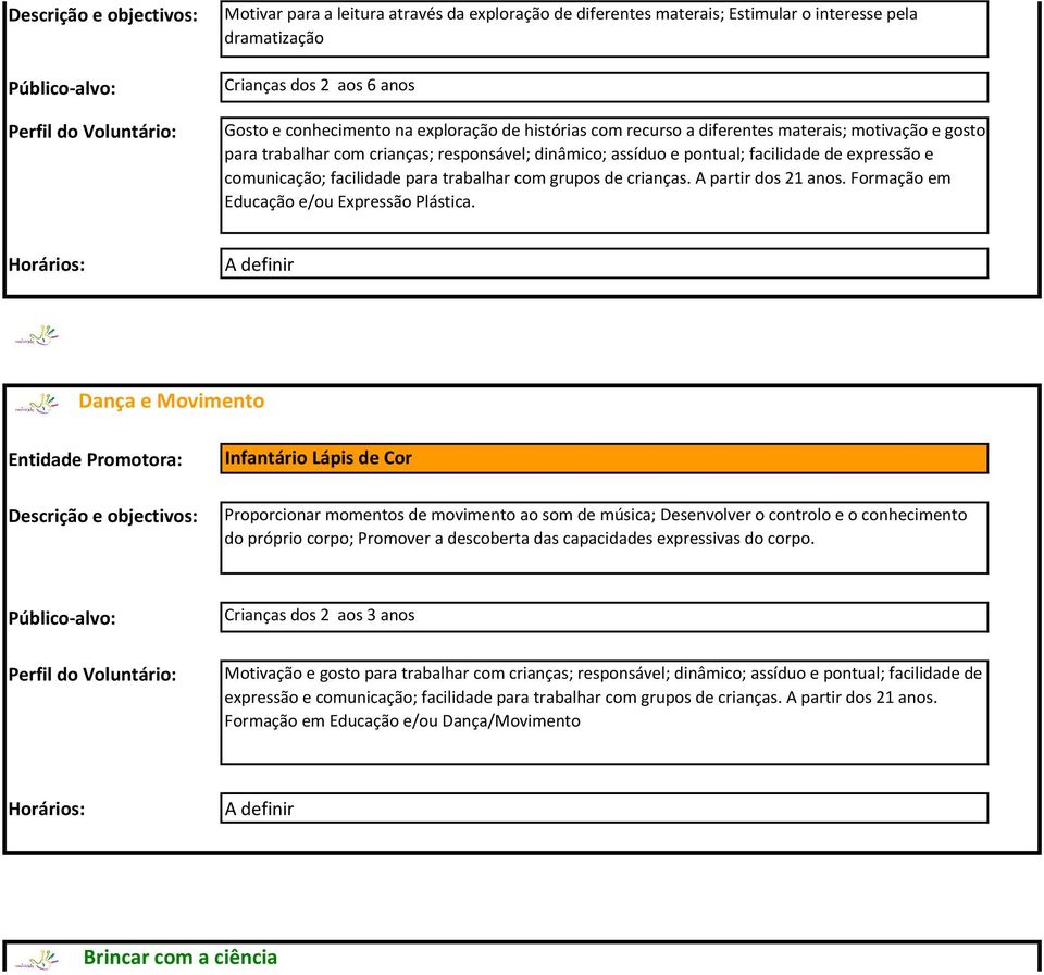 com grupos de crianças. A partir dos 21 anos. Formação em Educação e/ou Expressão Plástica.