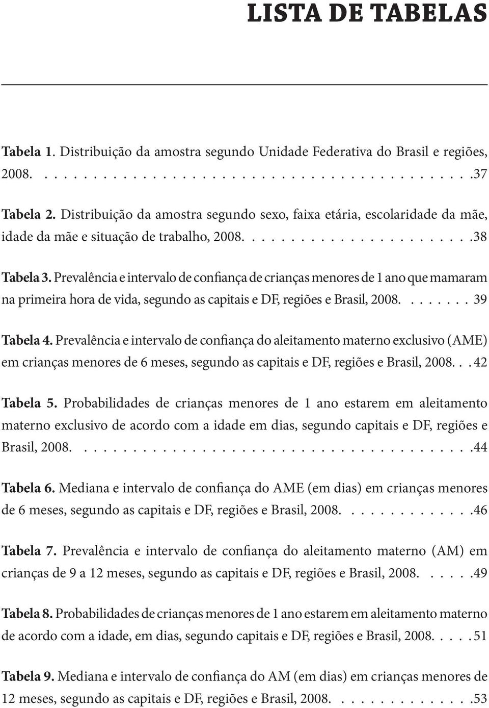 Prevalência e intervalo de confiança de crianças menores de 1 ano que mamaram na primeira hora de vida, segundo as capitais e DF, regiões e Brasil, 2008........ 39 Tabela 4.