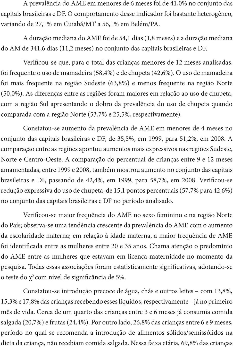 A duração mediana do AME foi de 54,1 dias (1,8 meses) e a duração mediana do AM de 341,6 dias (11,2 meses) no conjunto das capitais brasileiras e DF.
