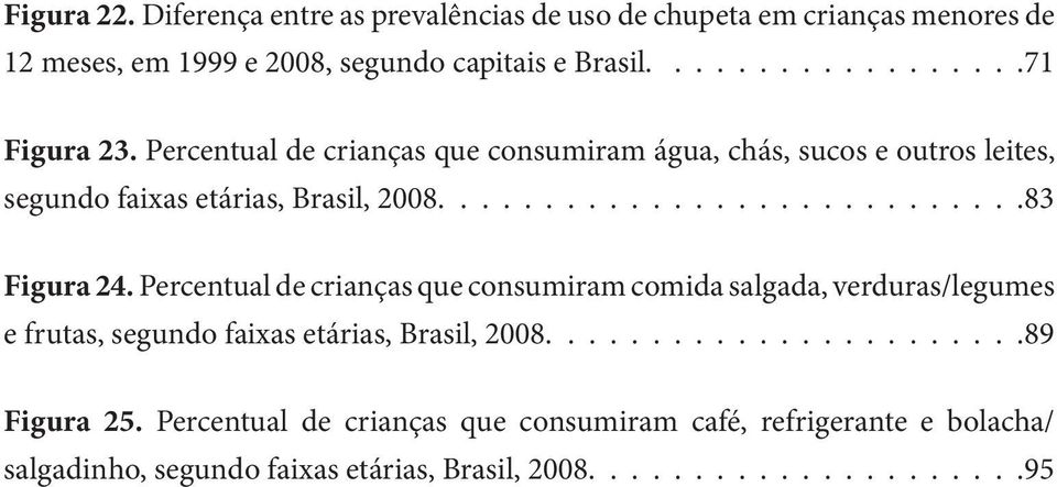 Percentual de crianças que consumiram comida salgada, verduras/legumes e frutas, segundo faixas etárias, Brasil, 2008.......................89 Figura 25.