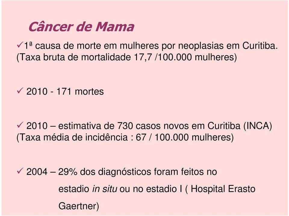 000 mulheres) 2010-171 mortes 2010 estimativa de 730 casos novos em Curitiba (INCA)