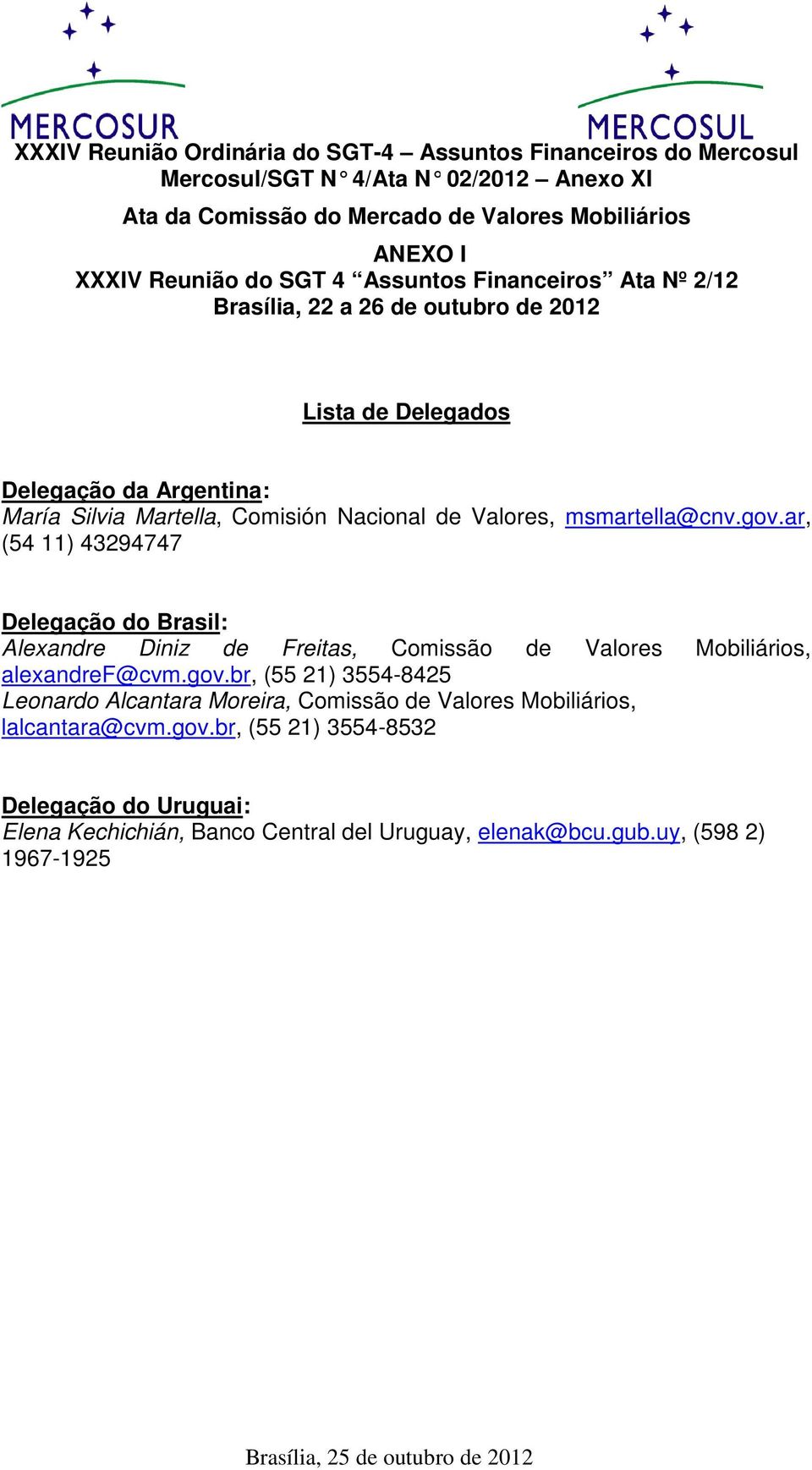ar, (54 11) 43294747 Delegação do Brasil: Alexandre Diniz de Freitas, Comissão de Valores Mobiliários, alexandref@cvm.gov.