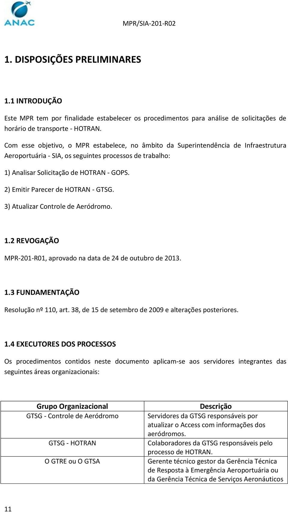 2) Emitir Parecer de HOTRAN - GTSG. 3) Atualizar Controle de Aeródromo. 1.2 REVOGAÇÃO MPR-201-R01, aprovado na data de 24 de outubro de 2013. 1.3 FUNDAMENTAÇÃO Resolução nº 110, art.