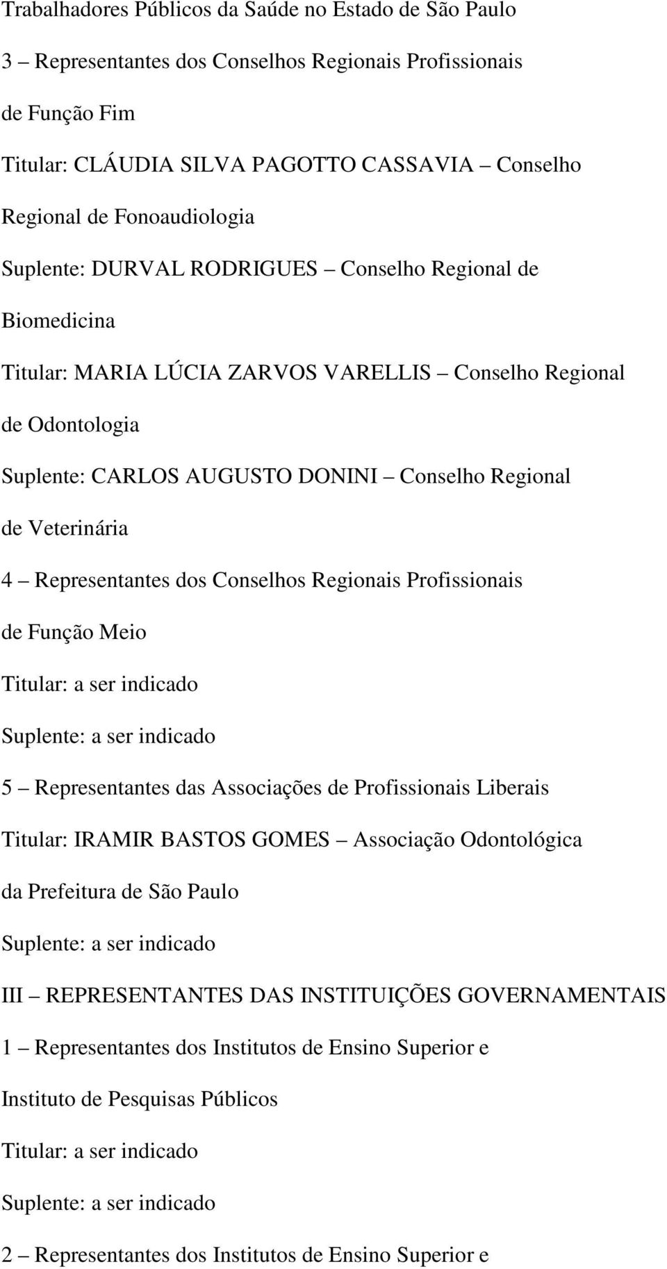 Representantes dos Conselhos Regionais Profissionais de Função Meio Titular: a ser indicado 5 Representantes das Associações de Profissionais Liberais Titular: IRAMIR BASTOS GOMES Associação