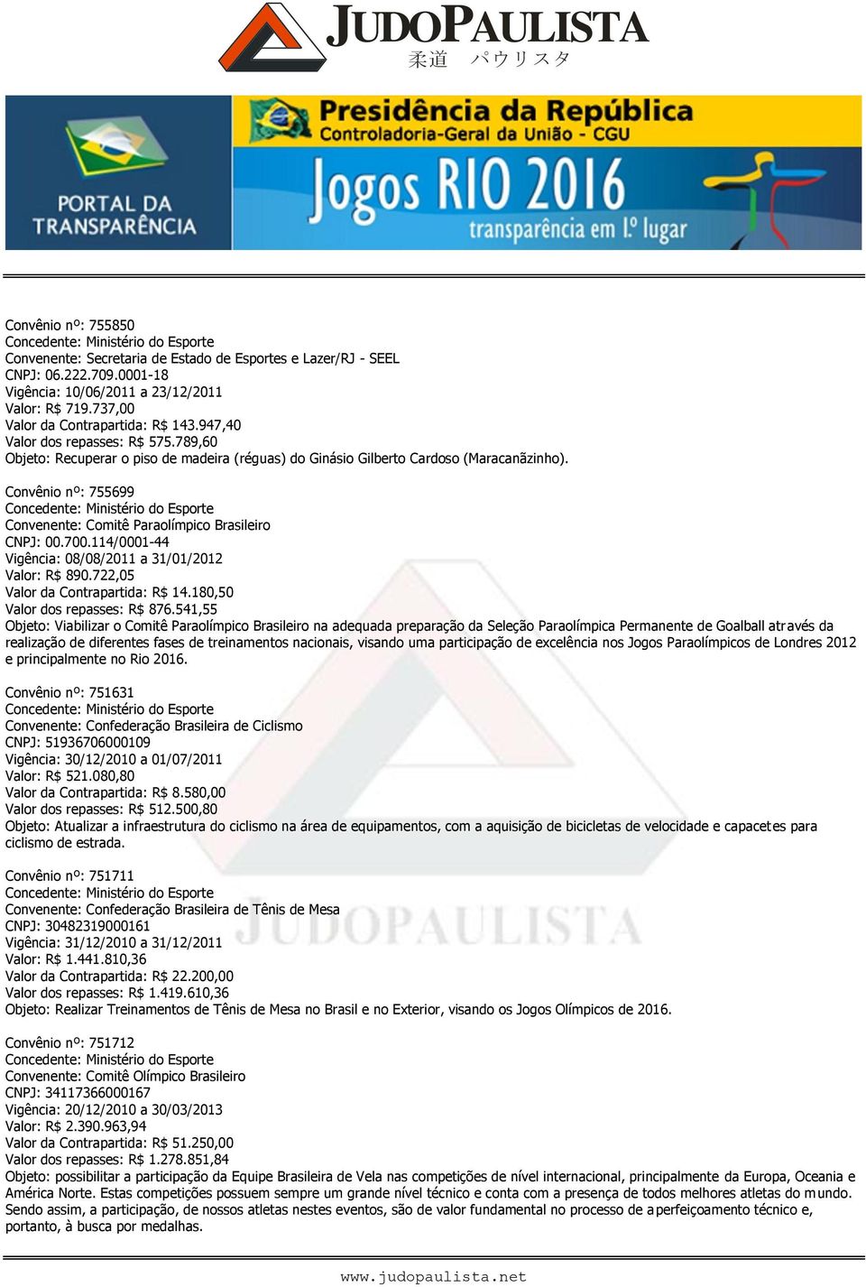 Convênio nº: 755699 Convenente: Comitê Paraolímpico Brasileiro CNPJ: 00.700.114/0001-44 Vigência: 08/08/2011 a 31/01/2012 Valor: R$ 890.722,05 Valor da Contrapartida: R$ 14.