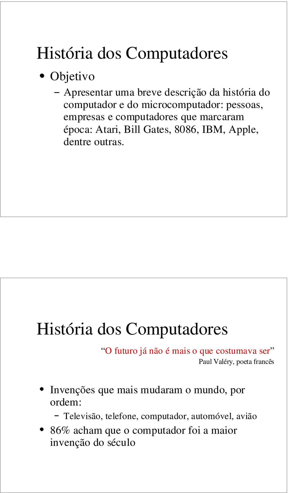 História dos Computadores O futuro já não é mais o que costumava ser Paul Valéry, poeta francês Invenções que mais