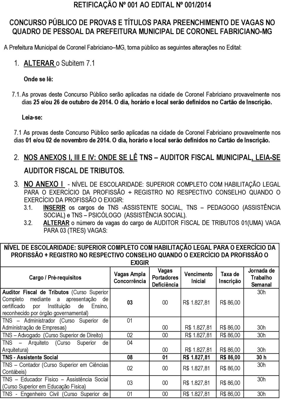 ALTERAR o Subitem 7.1 Onde se lê: 7.1. As provas deste Concurso Público serão aplicadas na cidade de Coronel Fabriciano provavelmente nos dias 25 e/ou 26 de outubro de 2014.